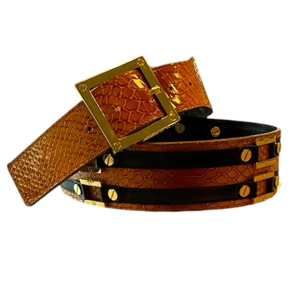 RARE Tory Burch Brown Snakeskin Waist belt black leather gold 2” size M $425 - Picture 1 of 15
